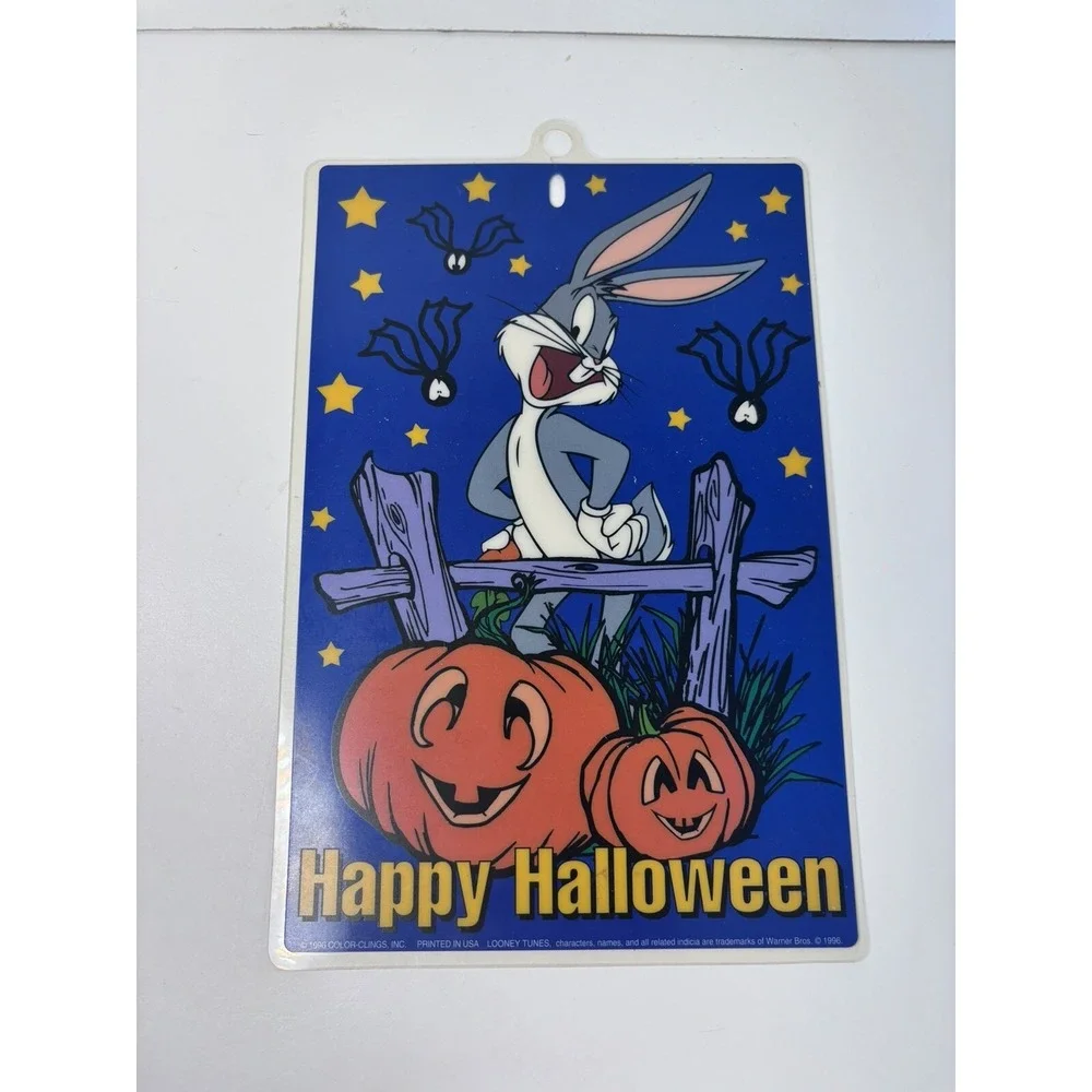 🎃VINTAGE LOONEY TUNES HAPPY HALLOWEEN BUGS BUNNY 9x6 Window Suction Cup Hanger
